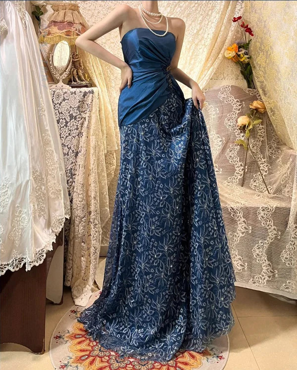 Saphirblau exquisite Perlen plissiert elegante und charmante Retro-Mode floral lange Taft Spitze Ballkleid Abendkleid gh4435