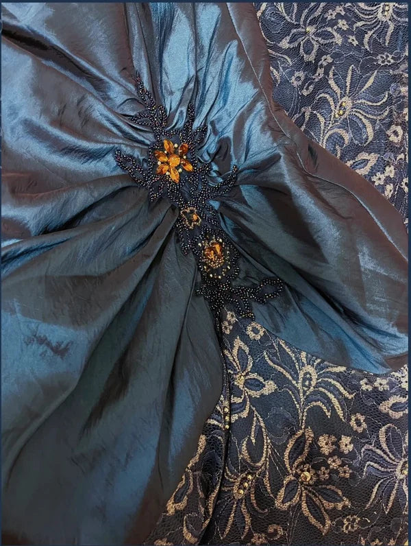 Saphirblau exquisite Perlen plissiert elegante und charmante Retro-Mode floral lange Taft Spitze Ballkleid Abendkleid gh4435