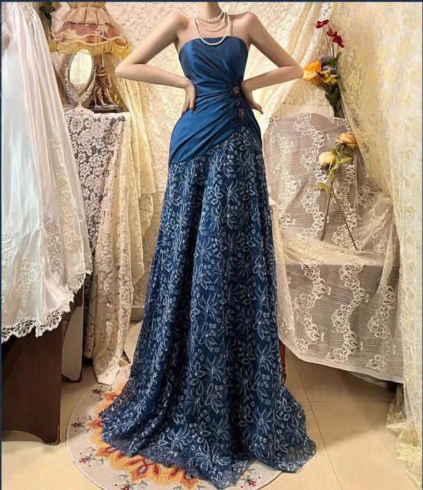 Saphirblau exquisite Perlen plissiert elegante und charmante Retro-Mode floral lange Taft Spitze Ballkleid Abendkleid gh4435
