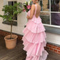 Rosa Neckholder-Mode Neckholder Rüschen Tiered Rüschen lange Chiffon Tüll Ballkleid Abendkleid Partykleid gh3100