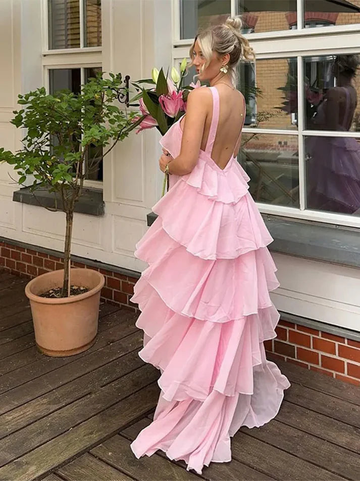 Rosa Neckholder-Mode Neckholder Rüschen Tiered Rüschen lange Chiffon Tüll Ballkleid Abendkleid Partykleid gh3100