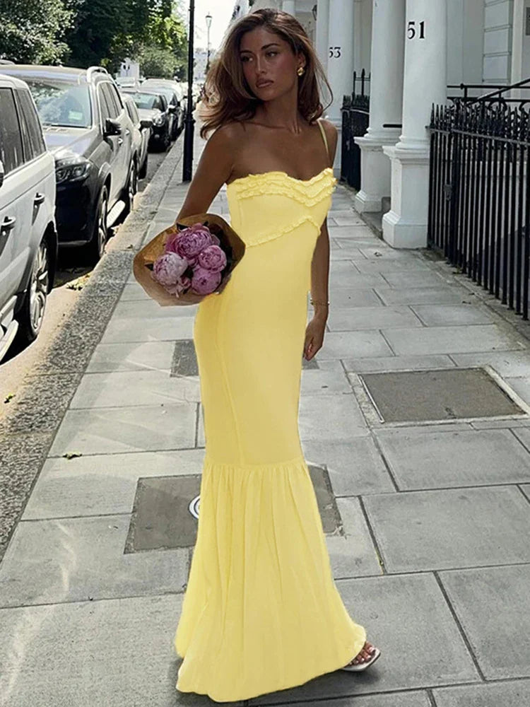 Robe de soirée élégante en mousseline de soie avec haut tube jaune et longue robe de soirée pour invités de mariage gh3326