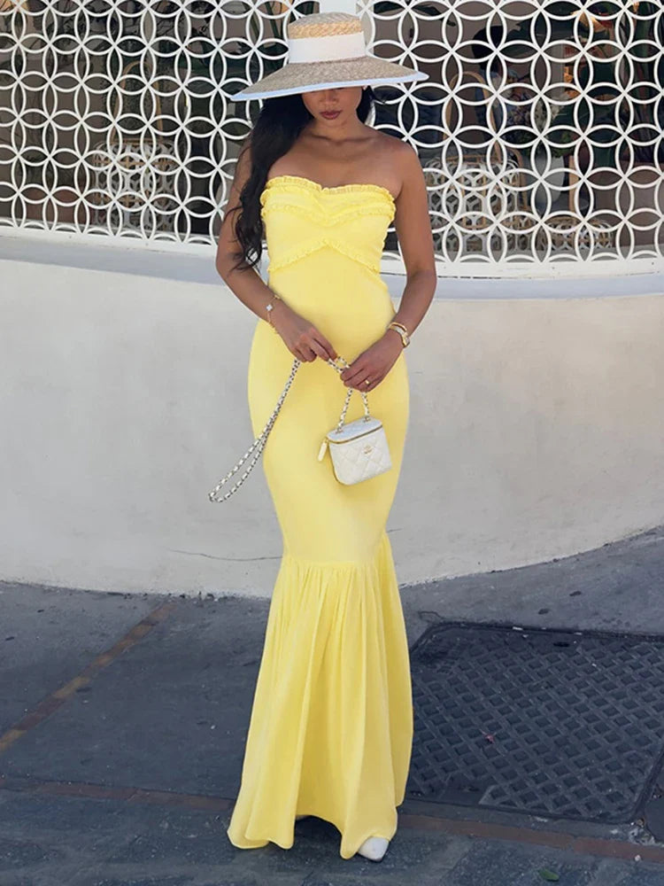 Robe de soirée élégante en mousseline de soie avec haut tube jaune et longue robe de soirée pour invités de mariage gh3326
