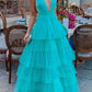 Blaues, modisches V-Ausschnitt, elegantes A-Linien-Kleid mit langem bodenlangem Tüll-Ballkleid, Abendkleid für Hochzeitsgäste, Partykleid gh980