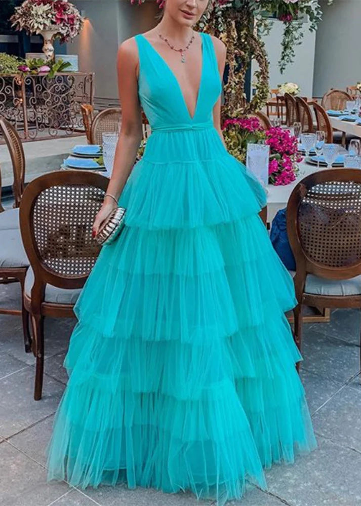 Blaues, modisches V-Ausschnitt, elegantes A-Linien-Kleid mit langem bodenlangem Tüll-Ballkleid, Abendkleid für Hochzeitsgäste, Partykleid gh980