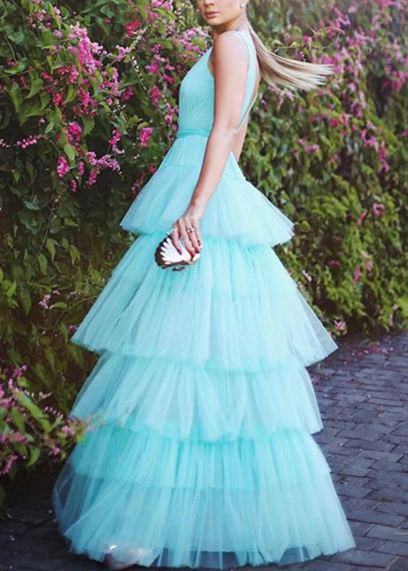 Blaues, modisches V-Ausschnitt, elegantes A-Linien-Kleid mit langem bodenlangem Tüll-Ballkleid, Abendkleid für Hochzeitsgäste, Partykleid gh980