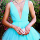 Blaues, modisches V-Ausschnitt, elegantes A-Linien-Kleid mit langem bodenlangem Tüll-Ballkleid, Abendkleid für Hochzeitsgäste, Partykleid gh980