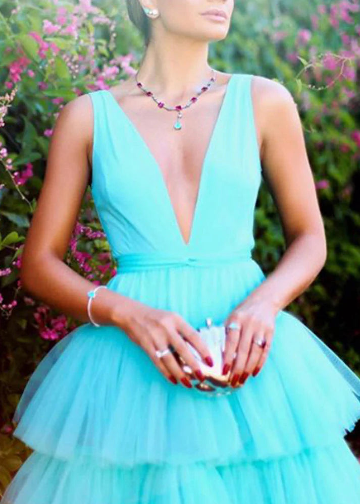 Blaues, modisches V-Ausschnitt, elegantes A-Linien-Kleid mit langem bodenlangem Tüll-Ballkleid, Abendkleid für Hochzeitsgäste, Partykleid gh980