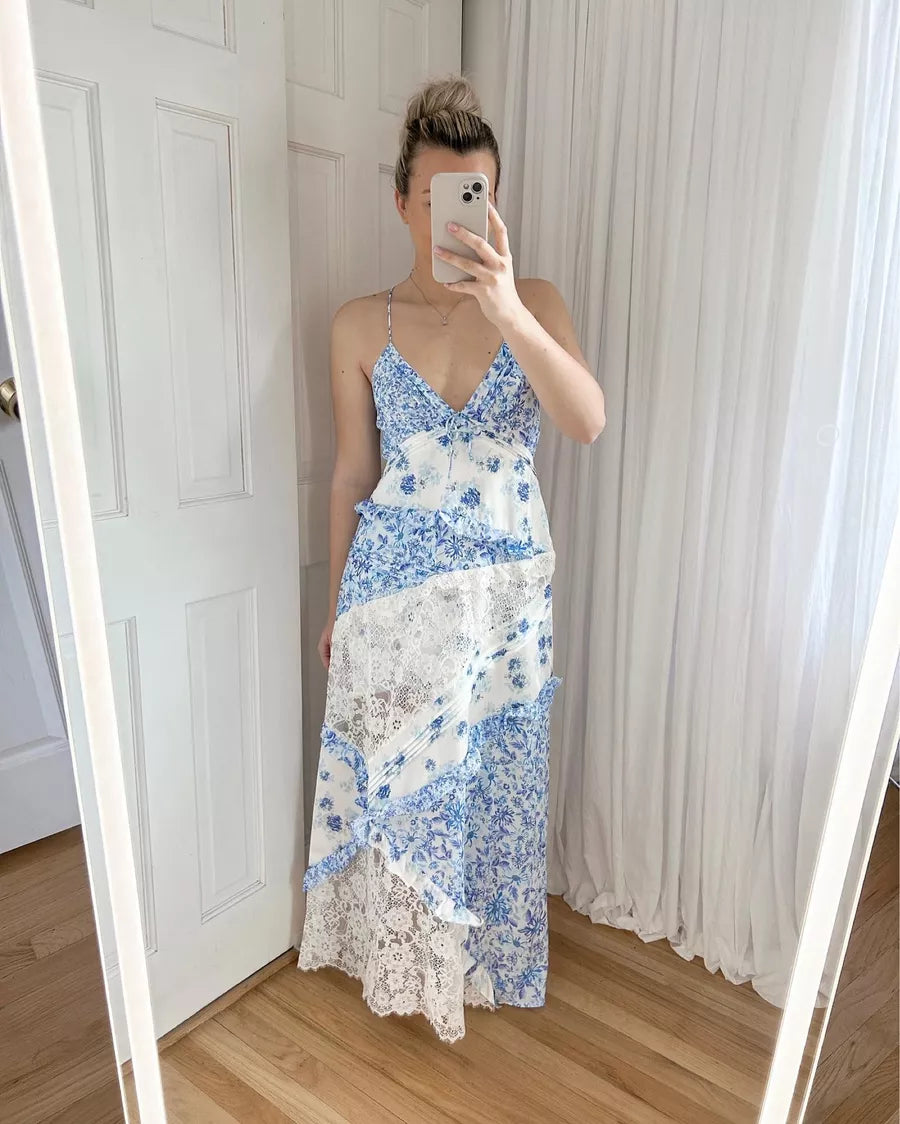 Blue Elegant Floral Delicate Lace Long Ball Gown Birthday/Garden Party Dress Evening Dress Prom Dress Holiday Date Night Dress gh4109