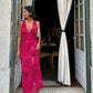 Rosa Mode Elegant Charming V-Ausschnitt Blumendruck Lange Satin Ballkleid Abendkleid Urlaub Party Kleid gh3485