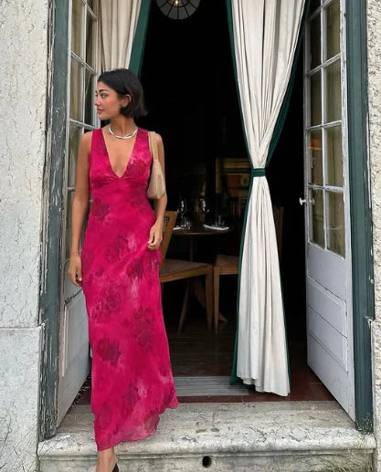 Rosa Mode Elegant Charming V-Ausschnitt Blumendruck Lange Satin Ballkleid Abendkleid Urlaub Party Kleid gh3485