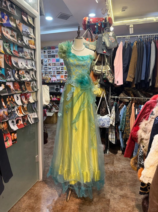 Robe de soirée longue en satin et tulle, élégante, dégradé de couleurs, style rétro, florale exquise, jaune et vert, gh4139