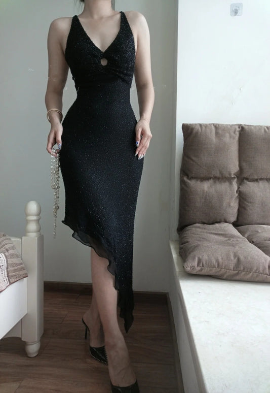 (Including scarf)Black Shiny Vintage V-Neck Short/Medium-Length Homecoming Dress Prom Dress Birthday Party Dress Banquet Dress Evening Dress gh4707