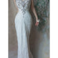 Weißes, perlenbesetztes, langes Spitzen-Tüll-Meerjungfrauen-Ballkleid, schlankes Abendkleid, Partykleid gh4704