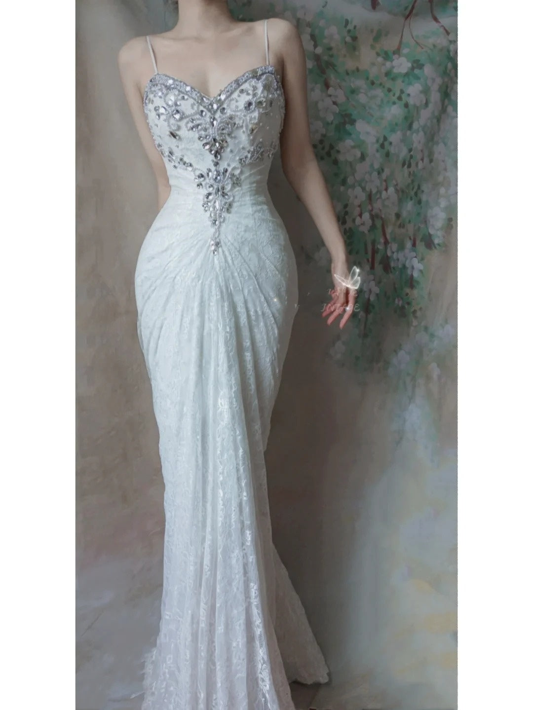 Weißes, perlenbesetztes, langes Spitzen-Tüll-Meerjungfrauen-Ballkleid, schlankes Abendkleid, Partykleid gh4704