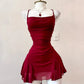 Glam Burgundy Style Spaghetti Strap Mini Dress | Cross Open-Back Ruched Mermaid Skirt for Party Date Luxury Outfit gh6442