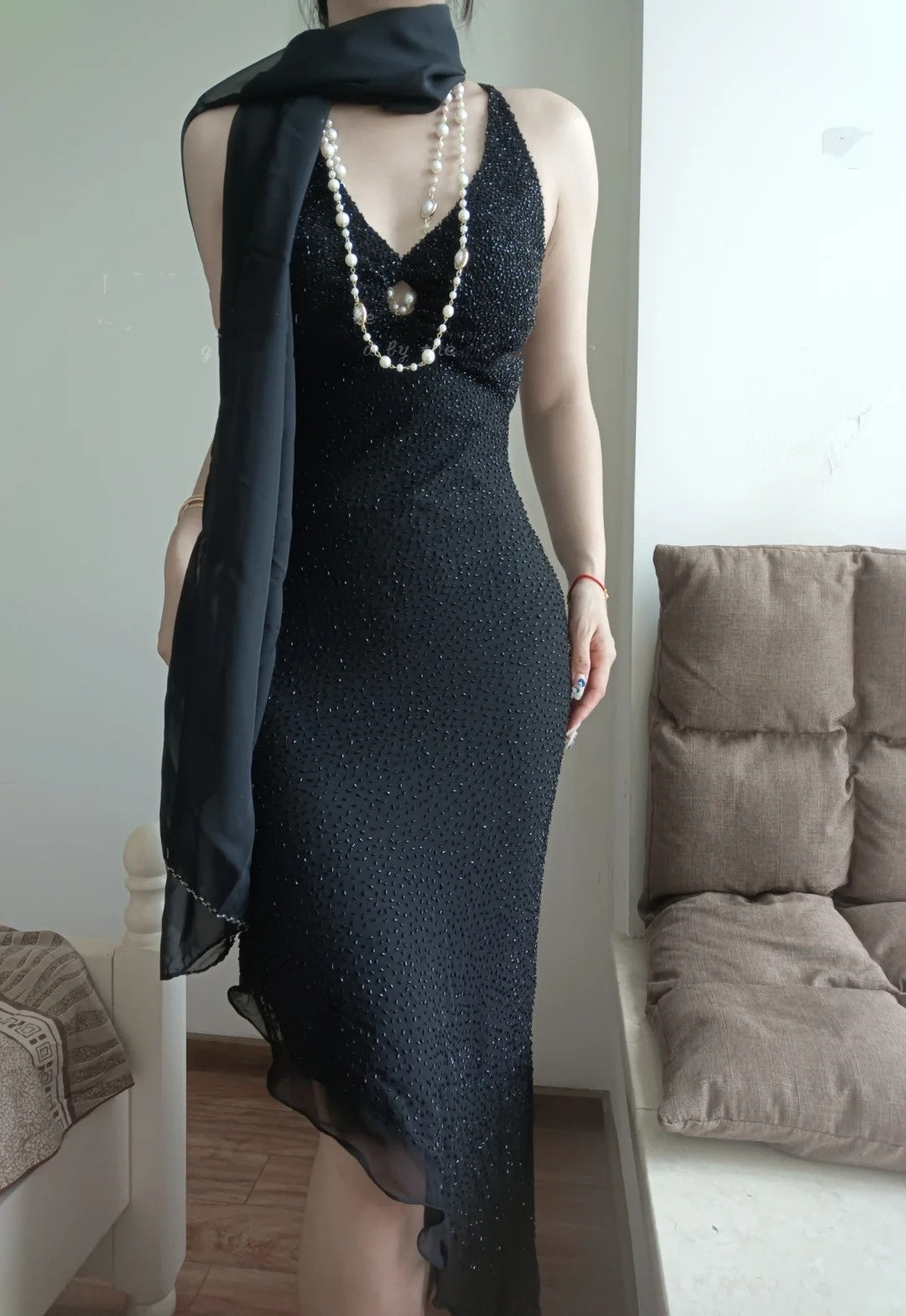 (Including scarf)Black Shiny Vintage V-Neck Short/Medium-Length Homecoming Dress Prom Dress Birthday Party Dress Banquet Dress Evening Dress gh4707