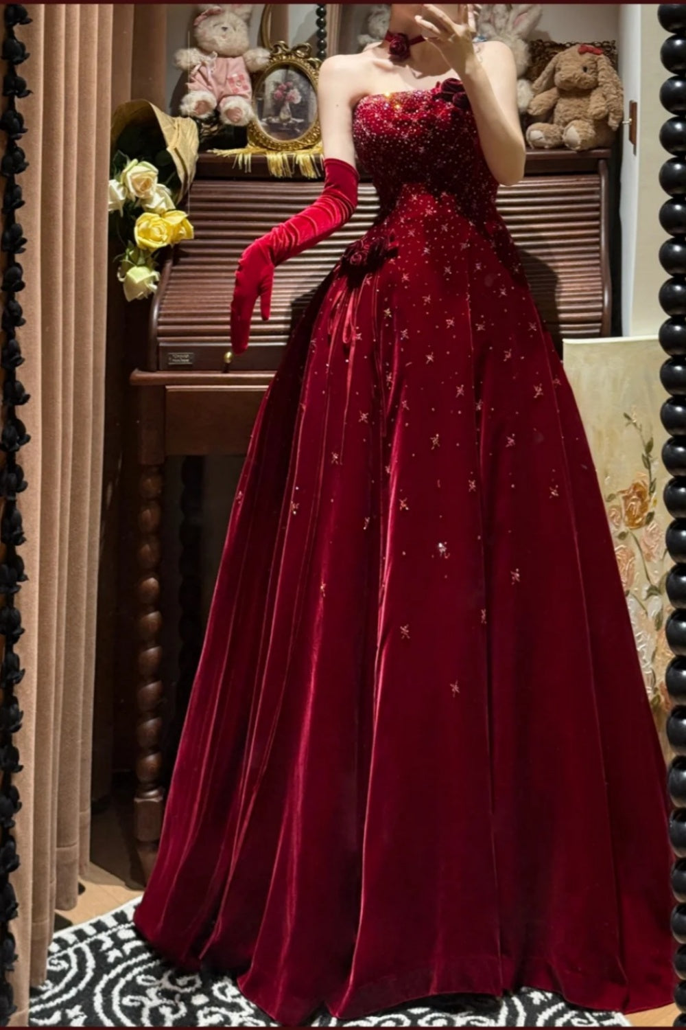 Girlhomeshops - Robe de soirée longue en velours bordeaux, exquise et perlée, tenue de bal, de remise de diplôme, gh5974