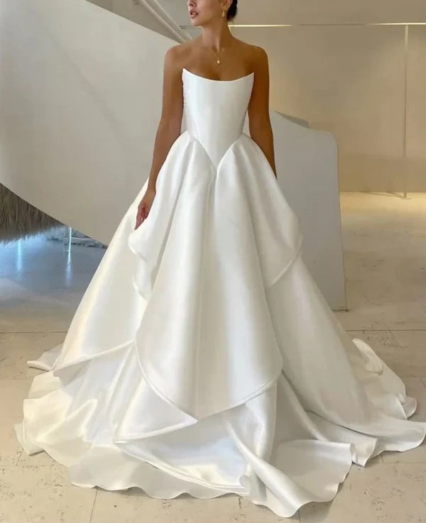 Girlhomeshops - Weißes Satin-Schulterfreies, langes, bodenlanges Brautkleid, Ballkleid gh5394