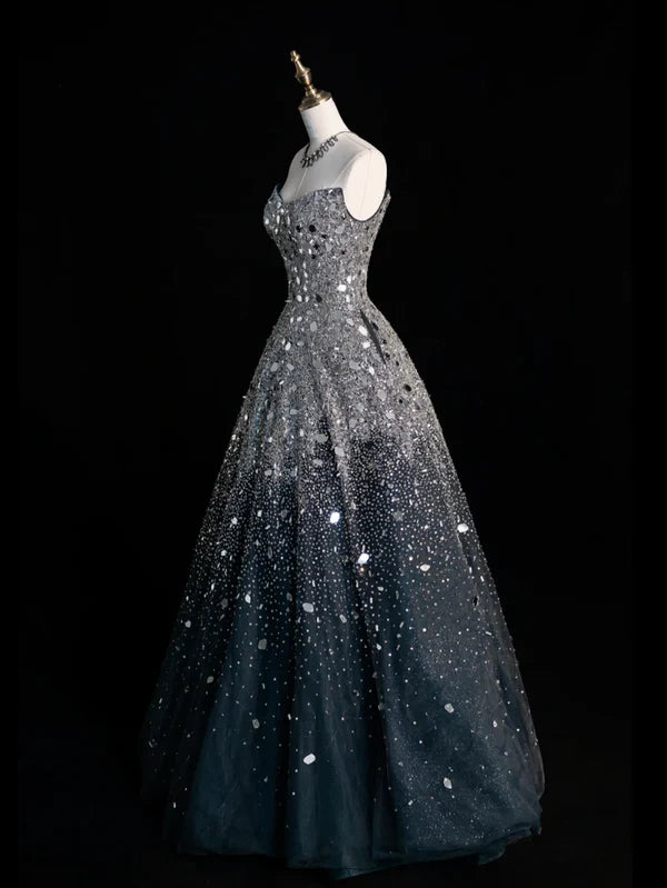 Black silver gorgeous sparkling elegant galaxy long sequined tulle floor-length ball gown evening dress gh4378