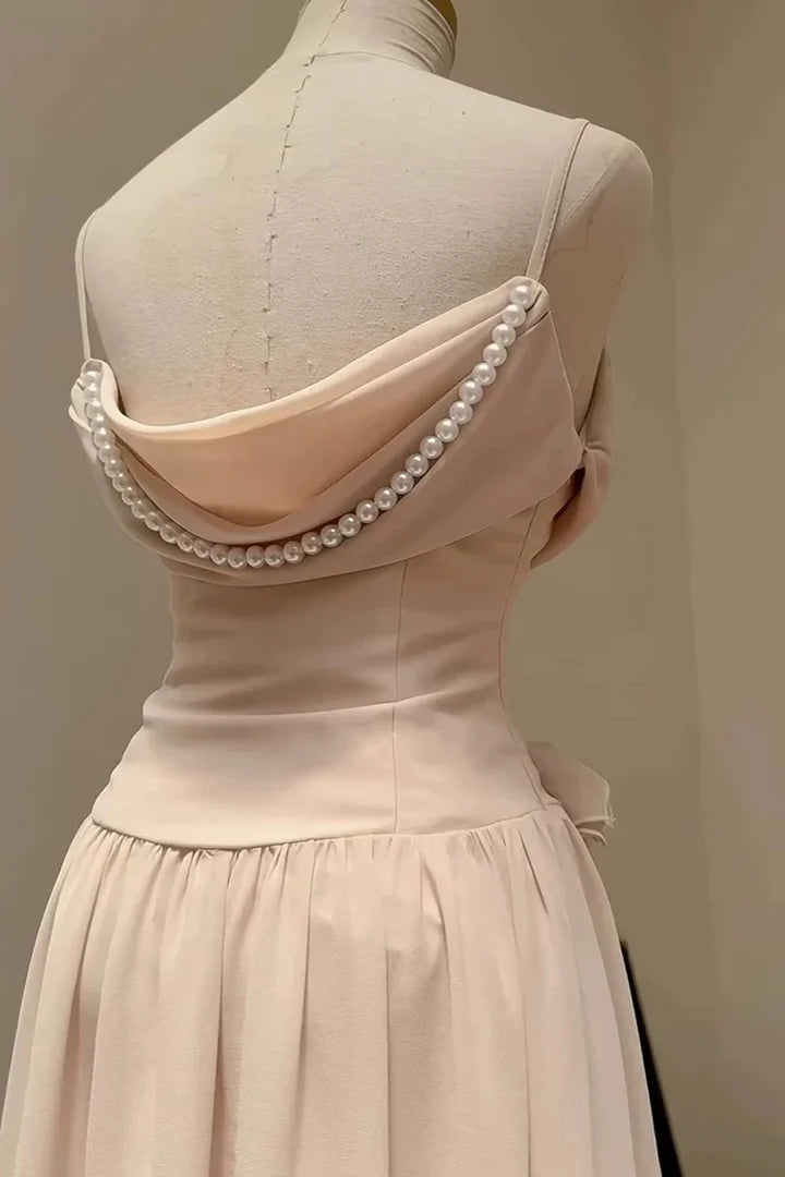 Robe de soirée longue en mousseline de soie rose élégante, à volants, bretelles spaghetti, perles, coupe trapèze, sans manches, robe de bal, robes de demoiselle d'honneur, gh4194