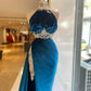 Blue sexy elegant fashion exquisite lace beading long velvet slit floor-length ball gown evening dress gh3413
