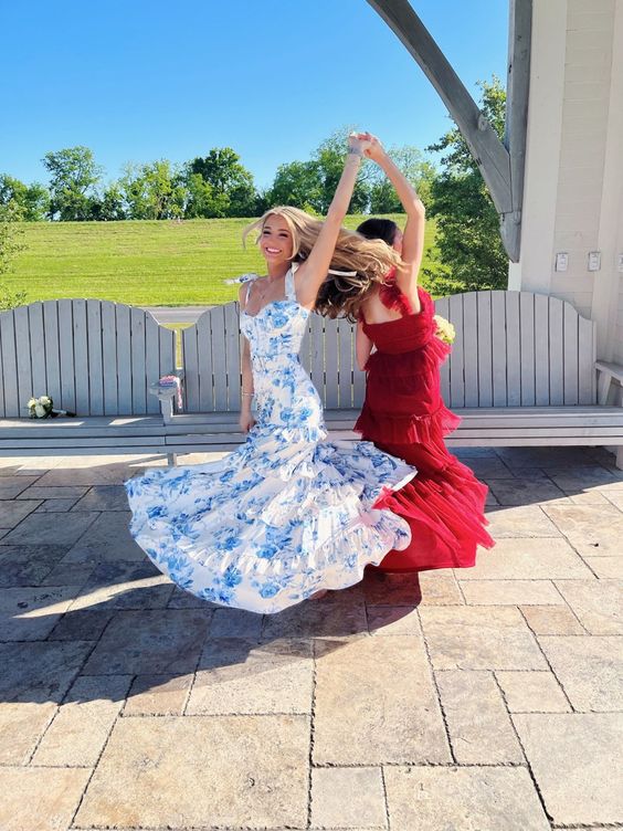 Blue floral elegant long formal evening gown sleeveless slit dress party dress gh3010