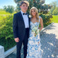 Blue floral elegant long formal evening gown sleeveless slit dress party dress gh3010