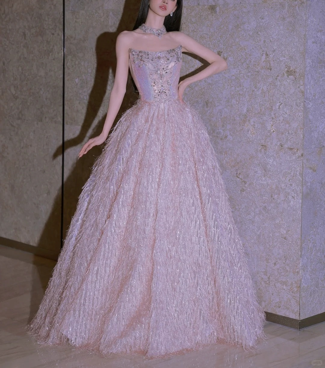 Girlhomeshops - Rosa Mode Perlen Elegante Lange Tüll Ballkleid Abendkleid gh5074