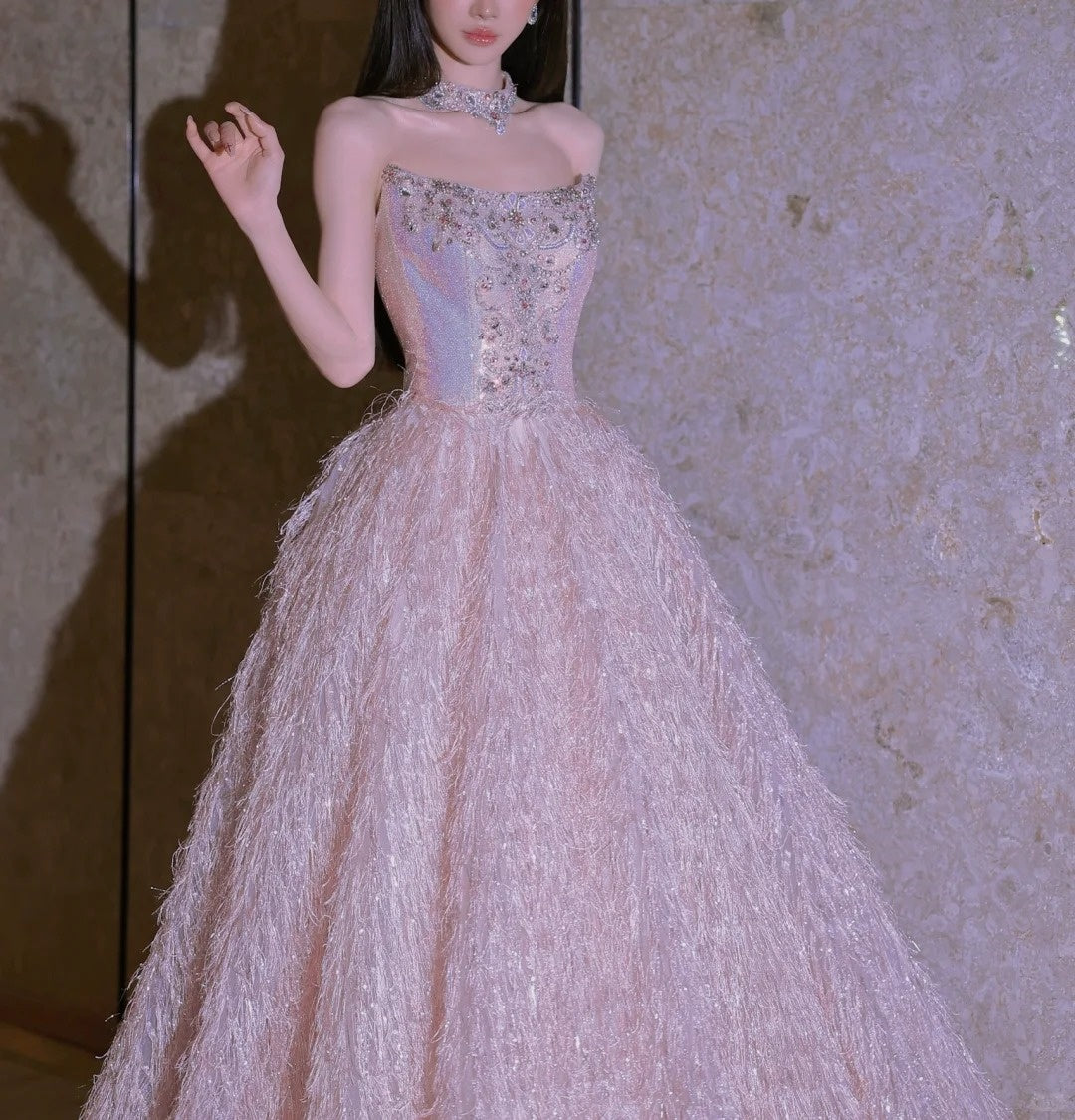 Girlhomeshops - Rosa Mode Perlen Elegante Lange Tüll Ballkleid Abendkleid gh5074