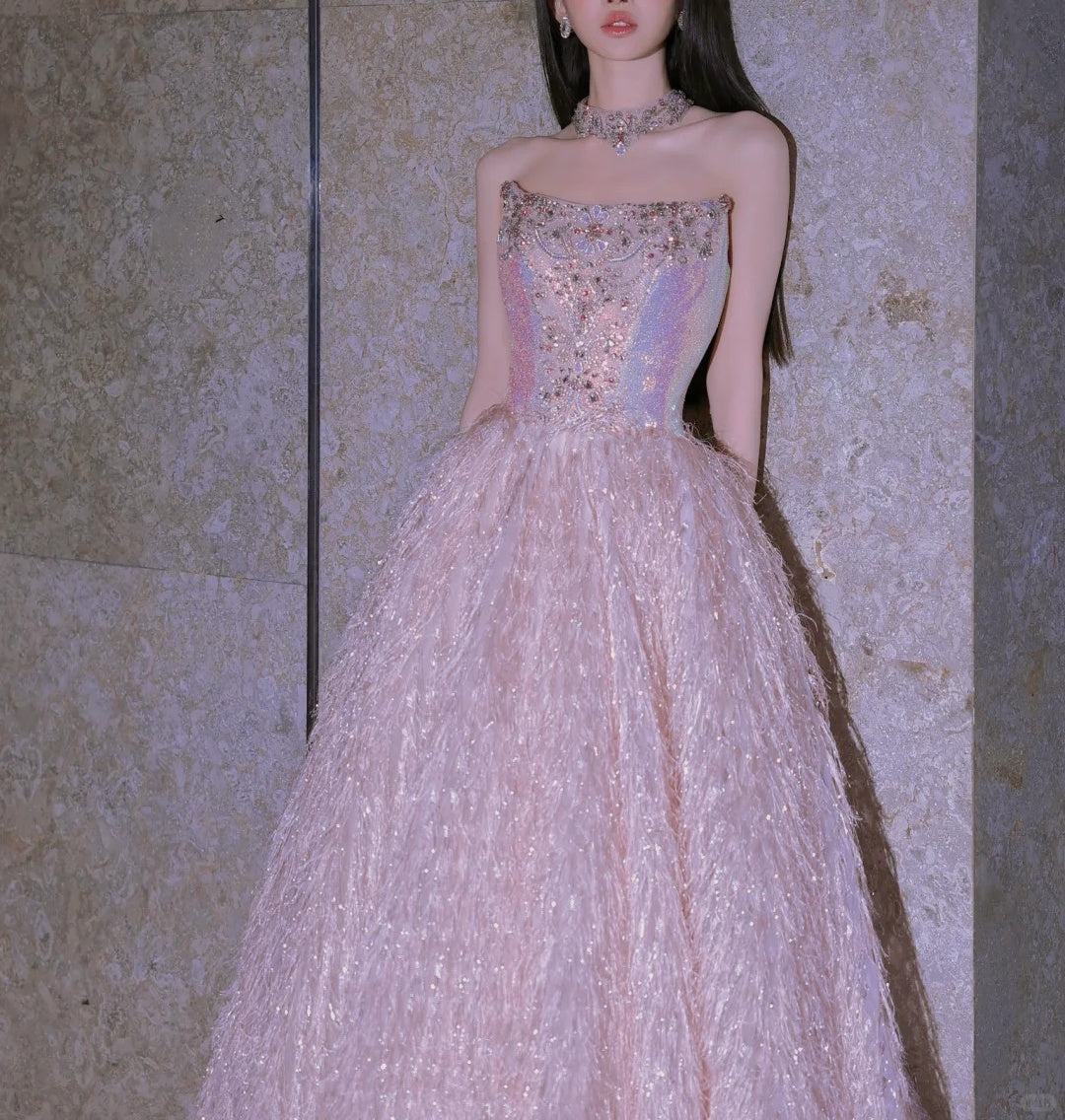 Girlhomeshops - Rosa Mode Perlen Elegante Lange Tüll Ballkleid Abendkleid gh5074