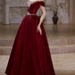 Girlhomeshops-Burgundy Retro Elegant Rhinestone Beaded Long Velvet Ball Gown Evening Dress gh5073