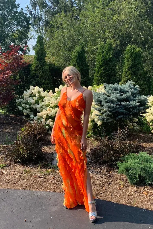 Orange Mode Elegant Spaghetti Strap Lange Rüschen Chiffon Ballkleid Abendkleid Partykleid Hochzeitsgast Kleid gh3318