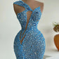 Blue gorgeous sexy sequins elegant long slit mermaid slim floor-length ball gown evening dress party dress gh3389