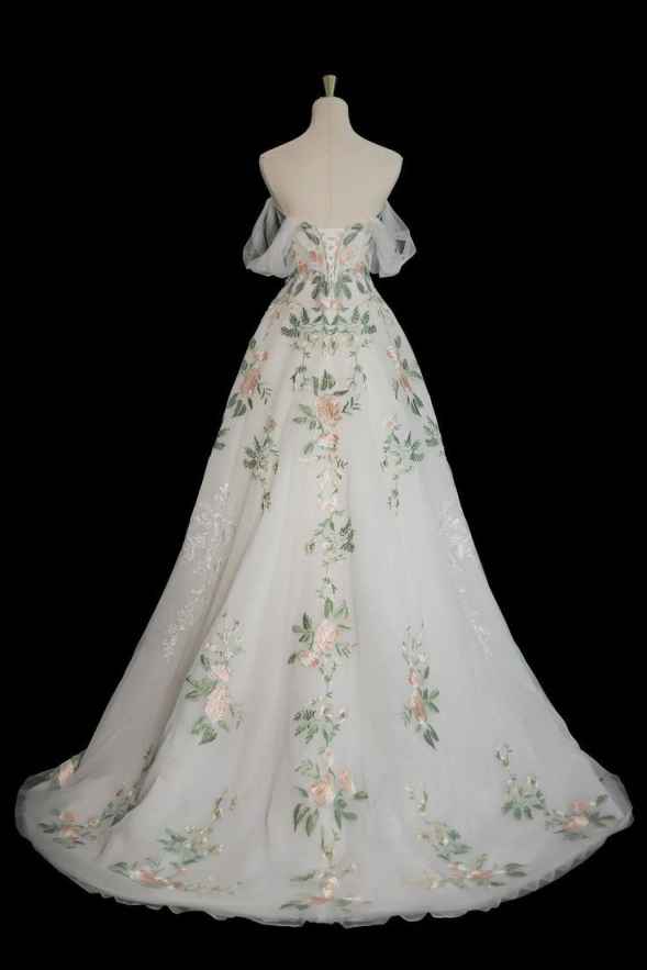 Weißes exquisites Blumen-Mode-Kurzarm-Lang-Tüll-Bodenlänge-Ballkleid, Abendkleid, Partykleid gh3524
