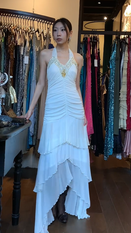 Halter V Neck White Evening Gown Beaded Rhinestone Tiered Ruffle Asymmetric Long Prom Dress gh9696
