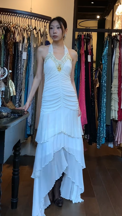 Halter V Neck White Evening Gown Beaded Rhinestone Tiered Ruffle Asymmetric Long Prom Dress gh9696