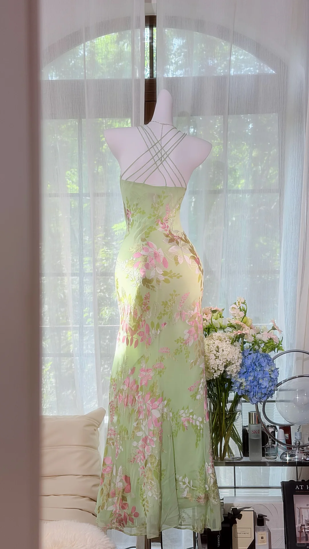 Mint Green Cowl Neck Floral Print Spaghetti Strap Mermaid Dress, Slit Chiffon Long Evening Gown, Romantic Garden Party Formal Dress gh9498