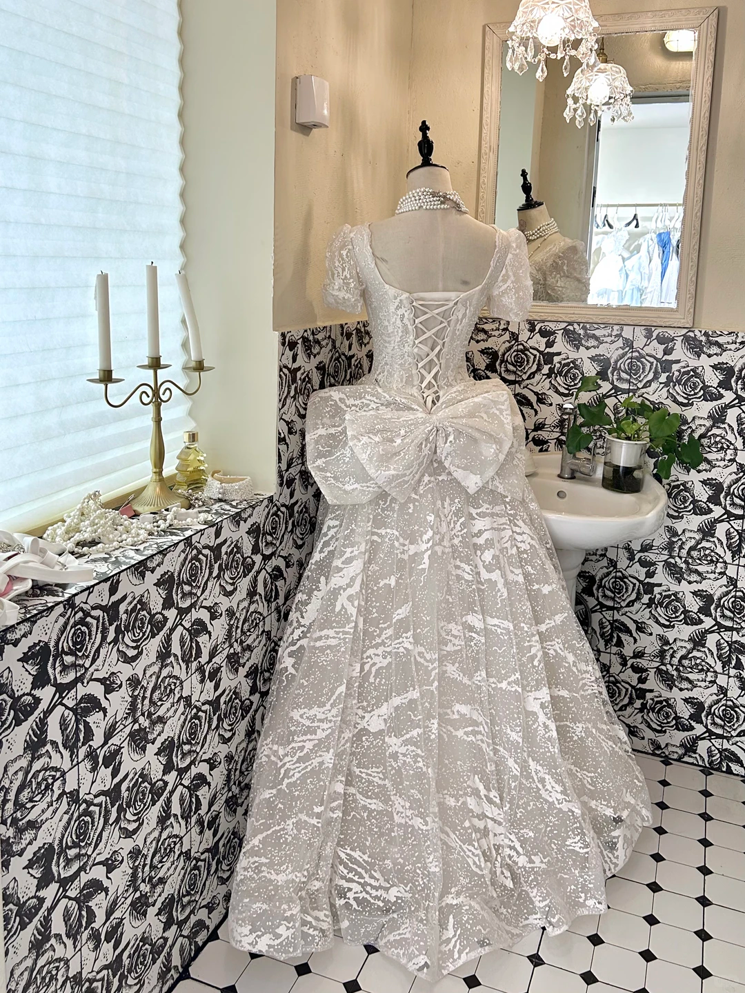 Ivory Square Neck Waist-Cinched Printed Voluminous Skirt Romantic Dress, Wedding Gown gh7663