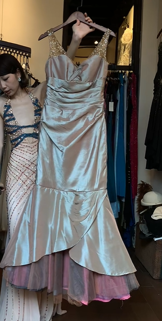 Champagne Satin Evening Gown V Neck Beaded Straps Mermaid Layered Tulle Long Formal Prom Dress gh9734