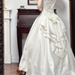 Ivory Vintage Satin Wedding Gown, Off‑the‑Shoulder Ruffle 3D Floral Neckline, All‑Over Lace Appliqués Fitted Bodice, Fitted Waist, Voluminous Satin A‑Line Ball Gown Skirt, Bridal Prom Dress gh8750