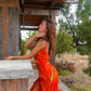 Robe de soirée élégante à bretelles spaghetti et à volants en mousseline de soie, robe de soirée, robe d'invité de mariage, orange, gh3318