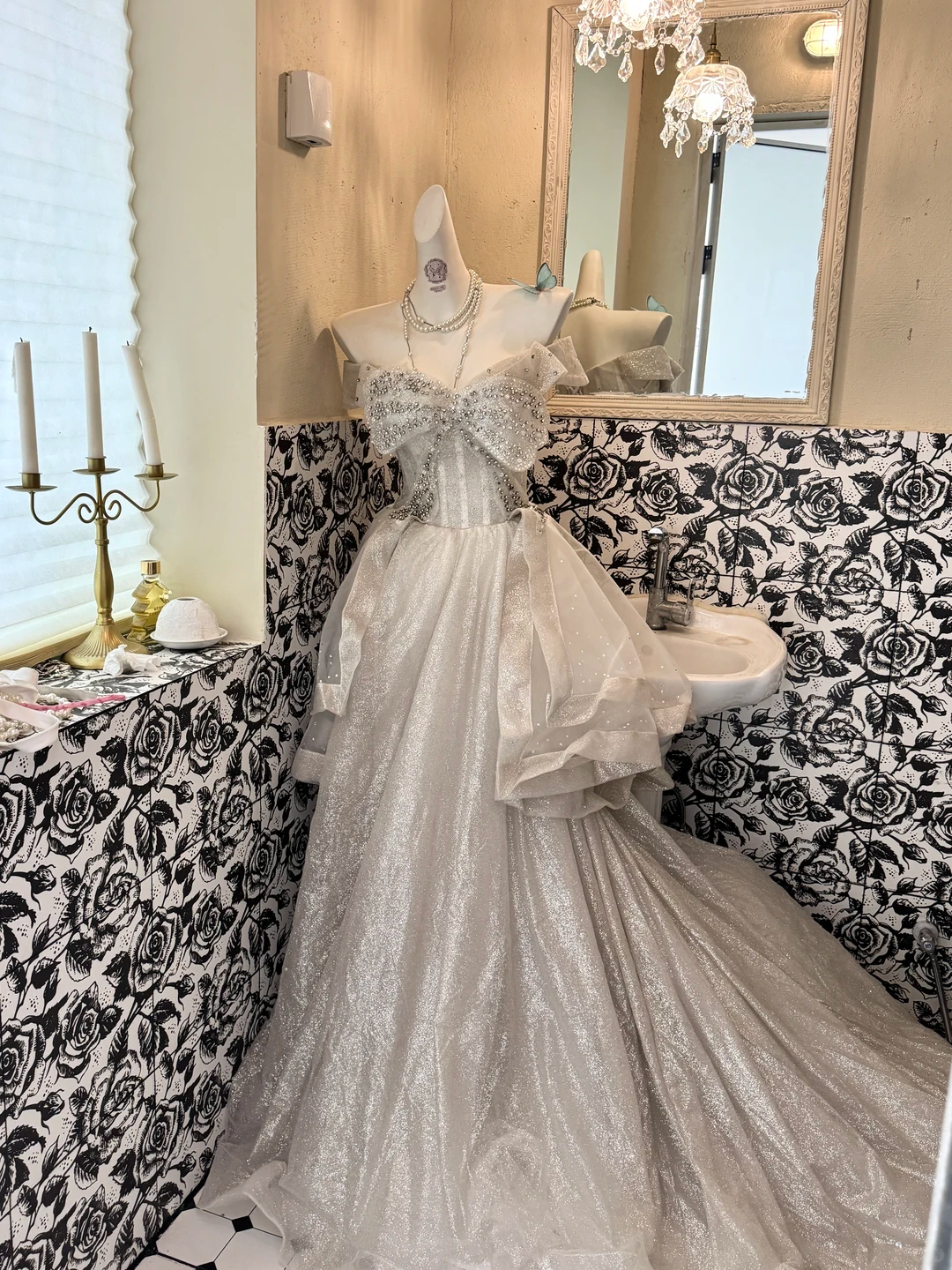 Ivory Bow Neckline with Silver Embellishments, Waist-Cinched Full Flared Long Vintage Romantic Dress, Wedding Gown gh7566
