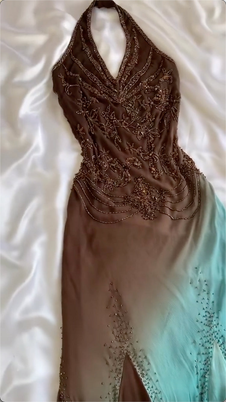 Mint Chocolate Ballkleid Braun Blau Farbverlauf Wunderschönes leichtes exquisites Perlenbesatz Spaghettiträger Langes Chiffon Abendkleid Partykleid gh3338