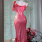 Hot Pink Sequin Spaghetti Strap Mermaid Prom Dress, Irregular Ruffle Slit Evening Gown with Floral Appliques gh9500
