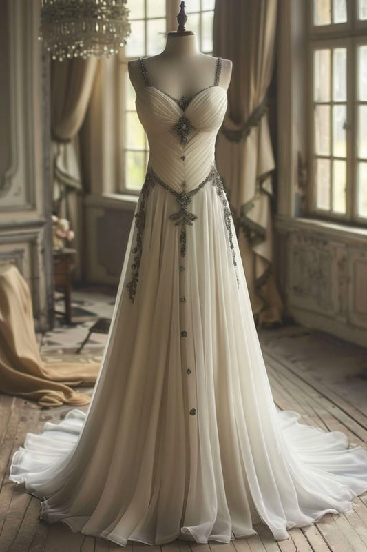 Elfenbeinweißes Vintage-Brautkleid mit Spaghettiträgern und Perlen, schlicht, wunderschön, lang, Tüll, Ballkleid, gh4954