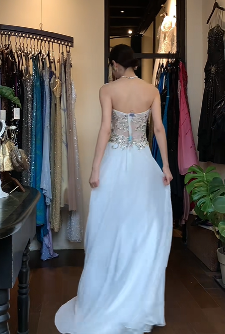 White Strapless Sweetheart Long Formal Gown Gold Lace Beaded High Slit Evening Dress gh9650