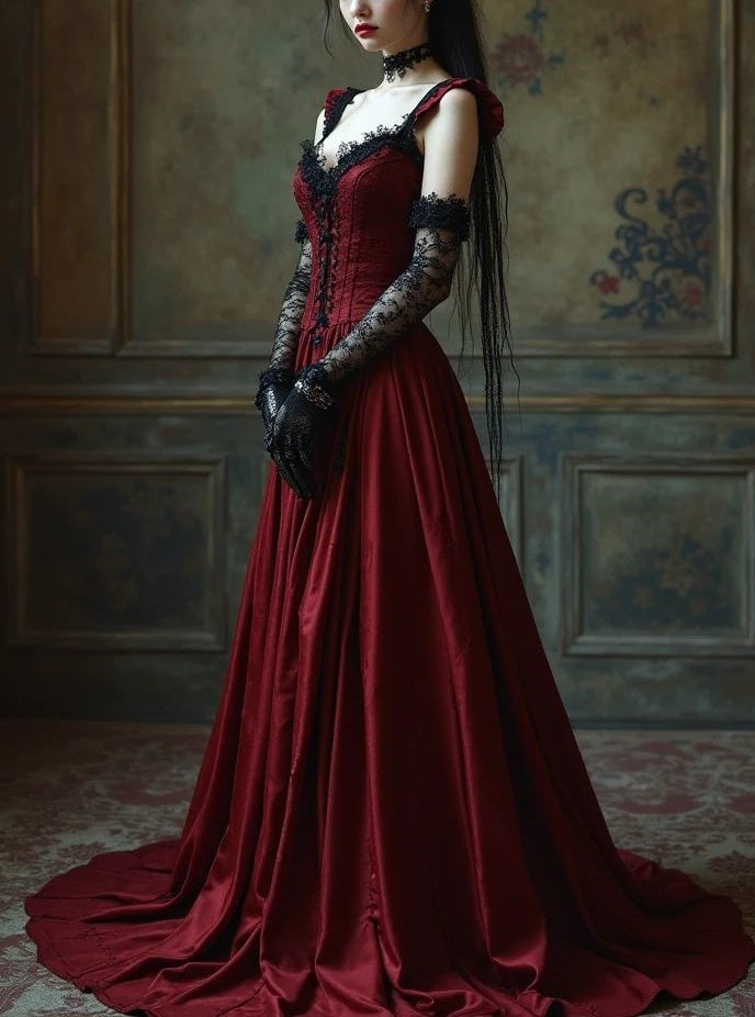 Girlhomeshops - Robe de soirée élégante style rétro, corset bordeaux, longueur ras du sol, traîne, gh5943
