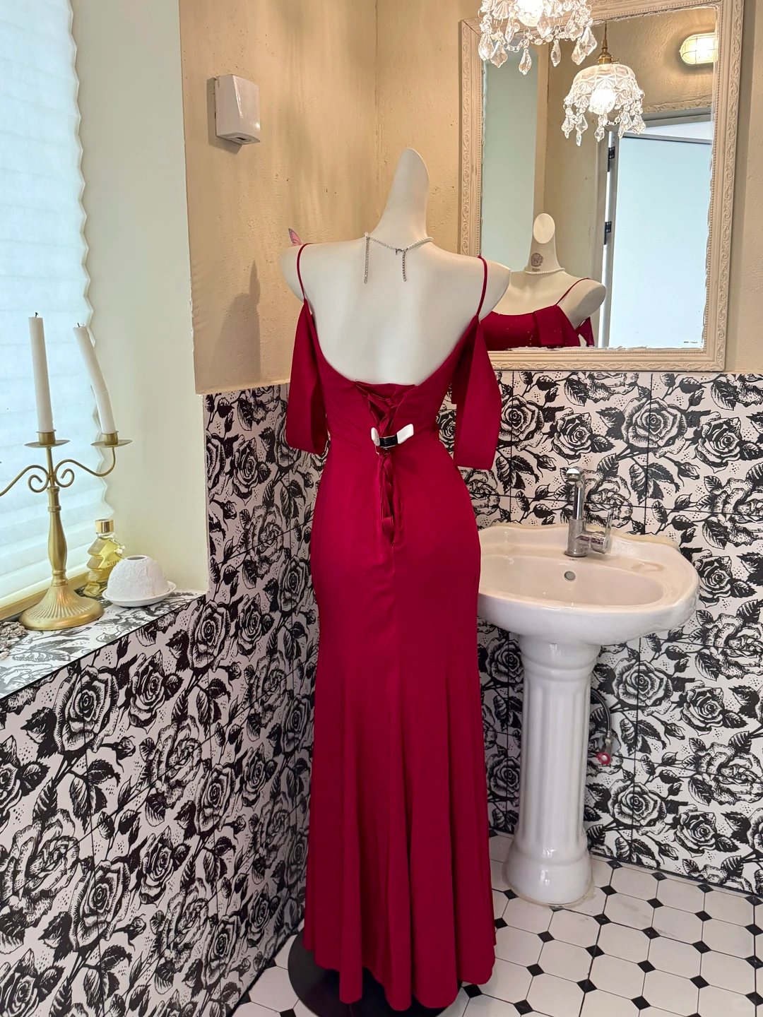 Burgundy Spaghetti Strap Off-the-Shoulder Waist-Cinched Fitted Elegant Romantic Dress, Wedding Gown gh7573