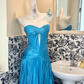 Sky Blue Strapless Waist-Cinched Fitted Long Vintage Elegant Romantic Dress, Wedding Gown gh7503